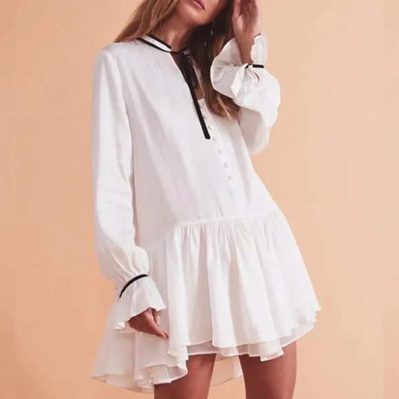 Revolve Tularosa Malia Mini Dress Shift Ivory Neck Tie Ruffle flare Sleeve XS - Picture 2 of 16